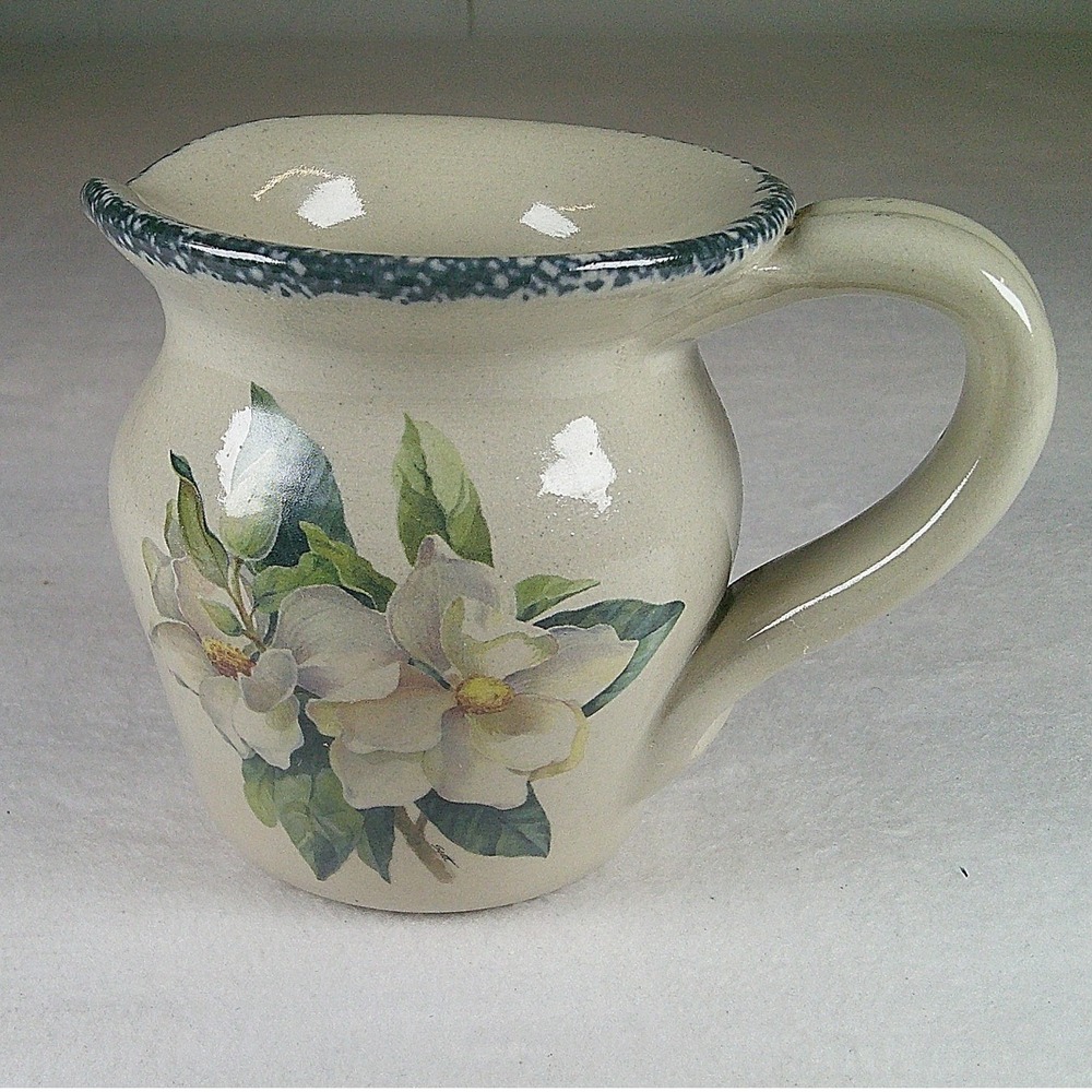 Home & Garden Party Magnolia Stoneware Pitcher Blue Sponge Rim 1999 USA Made